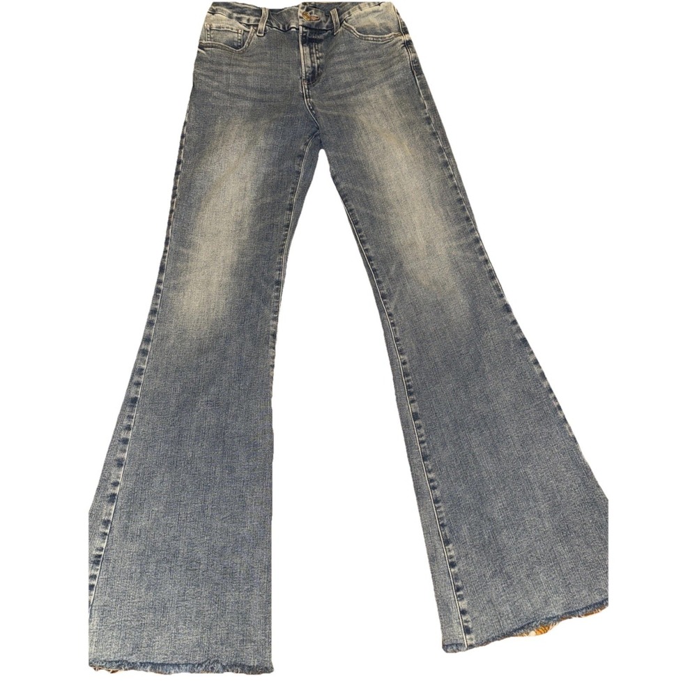 Express Jeans S 0/2/4  Mid Rise Med Wash Stretch 70s Flare Fray 26x30 Boho EUC
